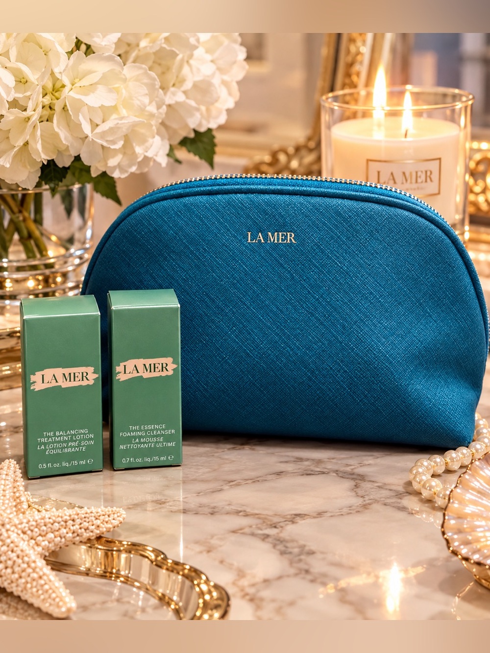 La Mer treatment lotion and foaming cleanser w/ Teal Cosmetic Pouch